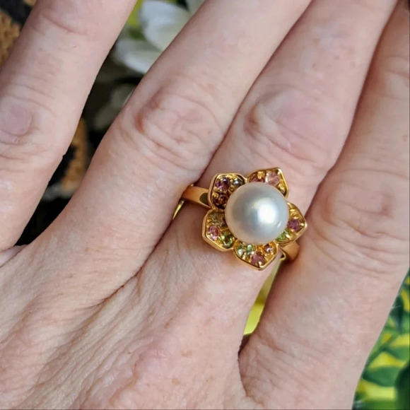 Golden South Sea Pearl & Multi-Tourmaline Flower Ring - Picture 3 of 5